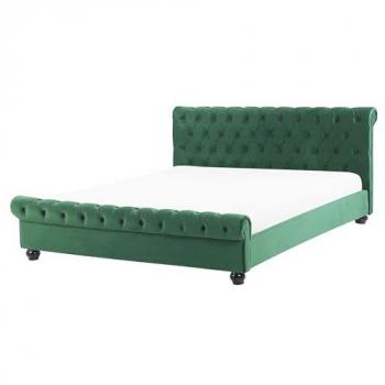 Cama Doble Tapizada en Terciopelo Verde Esmeralda con Cabecero Acolchado y Patas de Madera Negra 160 x 200 cm Avallon
