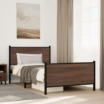 Cama Individual sin colchón de metal marrón roble 107x203 cm con cabecero y pie de cama, estructura de cama para dormitorio