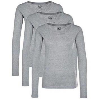 Berydale Camiseta de manga larga con cuello redondo de 100 % algodón, Mujeres, Gris