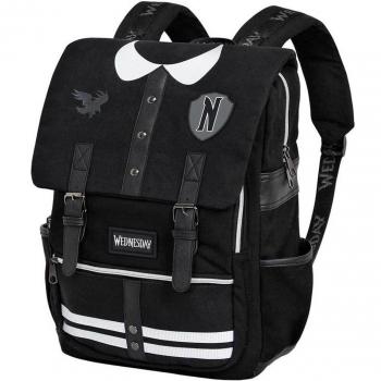 Mochila Oxford Varsity Miércoles Karactermania, Color Negro, Dimensiones 29 x 40 cm, Capacidad 16 Litros