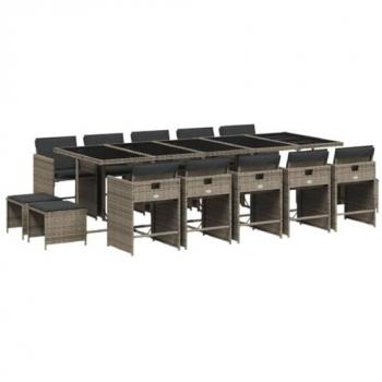 Set comedor de jardín 15 piezas con cojines de Polyrattan gris