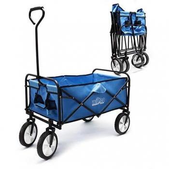 Carrito de transporte plegable azul con ruedas de plástico y asa, superficie de carga 80x46cm