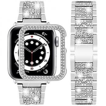 Wutwuk Correa para Apple Watch 38mm Correa con Funda Protectora Bling Brillante Elegante de Diamantes para Hombres y Mujeres Correa Compatible con Apple Watch 7/6/5/4/3/2/1/SE-Plata