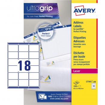 AVERY España L7161-100 - Etiquetas adhesivas blanca para direcciones, imprimibles 63,5x46,6mm,Caja de 1800 etiquetas
