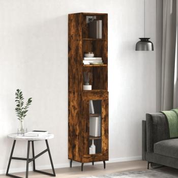 Aparador alto de madera contrachapada en roble ahumado 34,5x34x180 cm con 1 puerta de cristal, mueble de almacenaje para salón, buffet y armario auxiliar