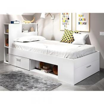 Cama LEANDRE con cabecero, almacenamiento y cajón - 90 x 190 cm - Blanco + colchón + somier