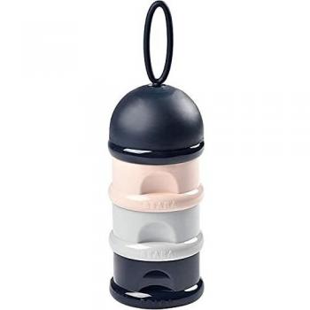 BÉABA Recipiente dosificador de leche en polvo, Dispensador de Leche Bebé, Apilable, 3 Compartimentos, 100% Hermética, Uso evolutivo como caja de snacks, Azul/Gris/Rosa