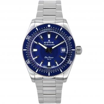 Edox Skydiver 38mm Automatic Diver's Watch - Limited Edition Blue Dial, 300M Water Resistance