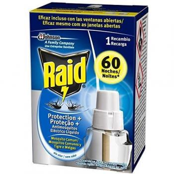 Raid ® Recambio Eléctrico Líquido Protección+ 60 noches - Cargador para aparato anti mosquitos comunes y tigre con difusor regulable