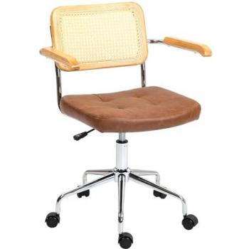 Silla de Oficina Giratoria HOMCOM Marrón con Altura Ajustable, Función Basculante y Respaldo de Ratán Sintético, Carga 120 kg (60x55,5x82-90 cm)