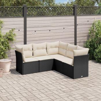5-Piece Black Poly Rattan Garden Sofa Set with Cushions