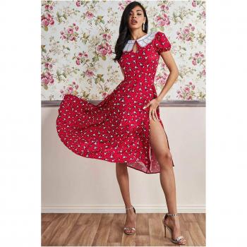 Goddiva Printed Midi Dress with Front Split - Red - Size 14 UK