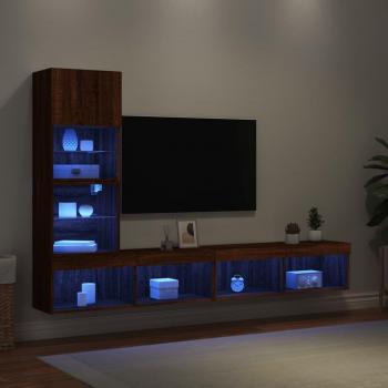 Mueble de TV de pared con LED 4 piezas en madera de ingeniería color marrón roble