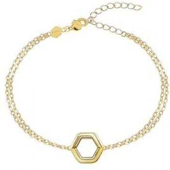 Pulsera de Mujer Breil Hexagonia en Acero Espejado Color Dorado con Doble Cadena Fina y Elemento Hexagonal, Longitud Ajustable 15-21 cm, Sin Piedras