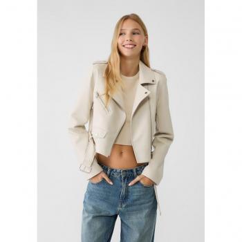 Ecru Faux Leather Biker Jacket with Belt XL