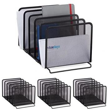 Organizador de Catálogos Metálico Negro - Set de 4, 5 Compartimentos, Diseño en Malla, Dimensiones 18,5 x 20,5 x 37,5 cm