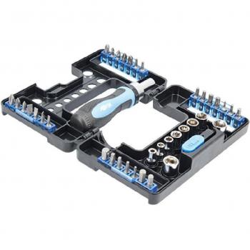 Set de 38 piezas Ferrestock FSKDES038 con destornillador de carraca de 72 dientes, giro en ambas direcciones y puntas fabricadas en Cromo-Vanadio (CRV 6150) de alta