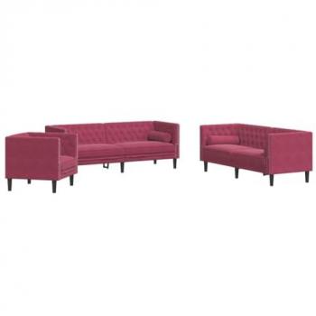Set de sofás Chesterfield con cojines 3 piezas en terciopelo rojo tinto
