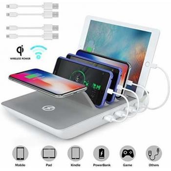 ValueTalks Estación de Carga Base de Carga Multifunción de 4 Puertos con 10W Qi Cargador Inalambrico Múltiples para Samrtphone Samsungs Huawei y Tableta