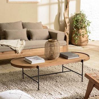 Mesa de centro ovalada 140x63cm con tablero de madera de teca reciclada MACABANE
