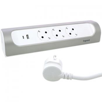 Legrand, Regleta de Esquina con ángulo de 45°, 3 enchufes, Conector USB-A y USB-C, 3000 mA - 5,0 V - 15 W máx., Montaje en Pared y Mesa, 2 Metros de Longitud, Color Blanco y Aluminio