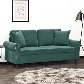 Sofá de 2 plazas en terciopelo verde oscuro con almohadas, 140 cm