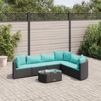 7-Piece Black Poly Rattan Garden Sofa Set with Cushions