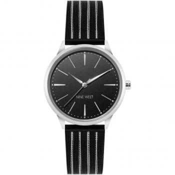 Reloj Mujer Nine West NW_2567SVBK - Reloj analógico, caja de acero inoxidable, correa de piel sintética negra, esfera negra con detalles plateados, resistente al agua