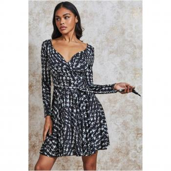 Goddiva Wrap Style Midi Dress - Monoprint