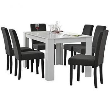 Set de Comedor Kramfors Mesa Blanca con 6 Sillas Grises Oscuras - MDF 140 x 90 cm