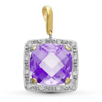 Colgante Oro Bicolor 18k Mujer Forma Cuadrada con Piedra Amatista en el Centro y Circonitas en el Borde
