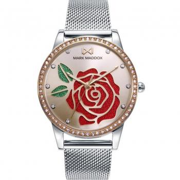 Reloj de mujer Tooting con flor en glitter rojo y malla de acero Mark Maddox - MM0130-27