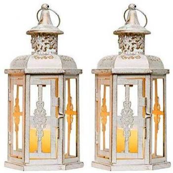 JHY DESIGN Juego de 2 Linternas Decorativas Linterna Colgante de Estilo Vintage de 25,4 cm de Altura Candelero de Metal Blanco con Pincel Dorado