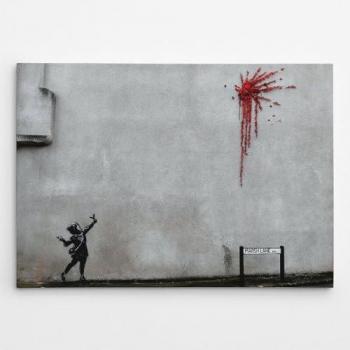 Impresión sobre Lienzo Banksy Niño con Tirachinas, Poliéster, Madera, Colores Rojo, Gris y Negro, 100x3x70 cm