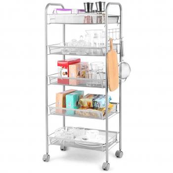 Carrito de Cocina de 5 Niveles con 4 Ruedas y 5 ganchos, Cozzine Carrito de Almacenamiento de Multiuso, Carro de Ahorro de Espacio para la Cocina, Baño, Restaurante, etc, 44.00 x 26.00 x 102.00 cm