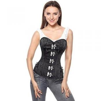 Charmian Women's Steampunk Faux Leather Jacquard Weave Fabric Steel Boned Metal Clasps Plus Size Overbust corsé Black XXXXX-Large