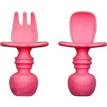 Bumkins BUMKSFI-PNK - Bumkins - utensilios de silicona para masticar, juego de tenedor y cuchara para bebés, utensilios de entrenamiento - rosa, unisex, rosa