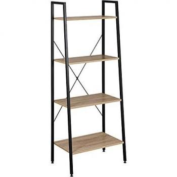 Estantería Multiusos Moderna de 4 Niveles en Acero y Madera, Librería Escalera para Sala, Color Negro y Roble Claro