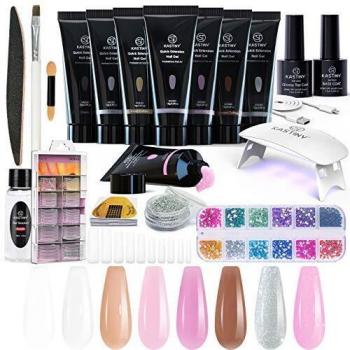 Uñas de Gel Kit Completo, Kastiny Kit Gel de ExtensióN De Uñas Con LáMpara Uv, 8 Colores Gel Nails Kit Con SolucióN Antideslizante Brillo de Diamantes de ImitacióN +100 Pcs Moldes Top Base Coat