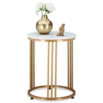 Mesa Auxiliar Redonda MARMO, Efecto Mármol, Metal y MDF, 51 x 41 cm, Blanco y Dorado