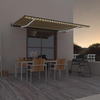 Toldo automático LED con sensor de viento en color amarillo y blanco, dimensiones 500x350 cm