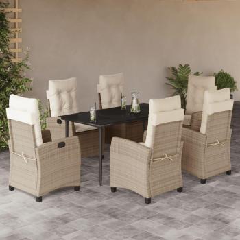 7-Piece Beige Poly Rattan Garden Dining Set with Cushions