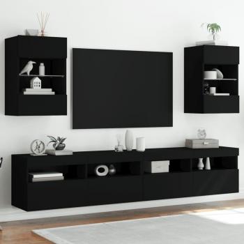 Mueble de TV de pared con luces LED, 2 unidades, color negro, dimensiones 40x30x60.5 cm, ideal para salón