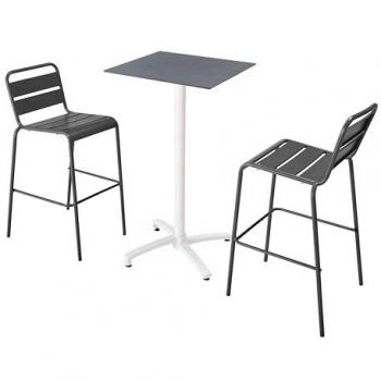 Conjunto de mesa alta laminada en gris pizarra con 2 sillas altas grises