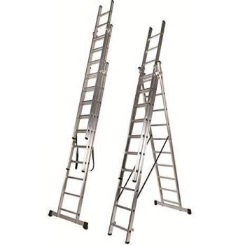 Escalera de Aluminio Extensible Tres Tramos Transformable en Tijera, Medidas 3.0 + 3.0 + 3.0 MTS | Escalera Triple Extensible en Apoyo hasta 7,25 Metros y en Tijera hasta 4,50 Metros