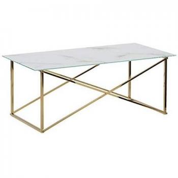 Beliani Mesa de centro rectangular en vidrio templado con efecto mármol blanco, patas doradas y base de acero inoxidable, dimensiones 100 x 50 cm