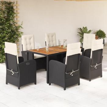 7-Piece Black Poly Rattan Garden Dining Set with Cushions