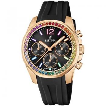 Festina Rainbow F20611/3 Reloj para Mujer con Caja de Acero Inoxidable 316L Rosa y Esfera Negra de Caucho Negro
