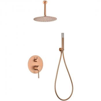 Conjunto de ducha monomando empotrado con salida a techo Monza Imex y Tivoli Oro Rosa Cepillado