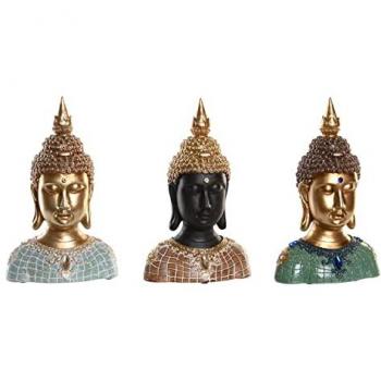 Figura Decorativa Buda Oriental de Resina 16 x 10 x 26 cm en Negro y Turquesa (3 Piezas)